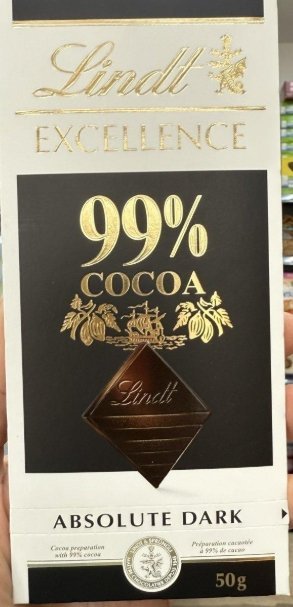 لوح شوكولاتة ليندت إكسلنس الداكنة بنسبة 99% كاكاو (Lindt Excellence 99% Cocoa Dark Chocolate) وزنها 50 غرام