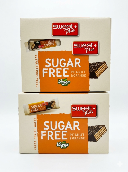 بوكس =24 حبة من ويفر sweet plus بنكهة الفول السوداني والبرتقال ومغطى بالشوكولاته خالي من السكر وزنها 30 غرام