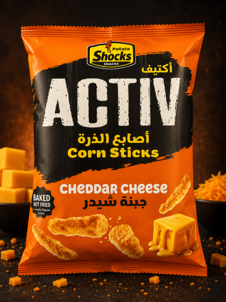 شيبس أصابع الذرة "أكتيف"activ بنكهة الجبنة شيدر وزنه 75 غرام